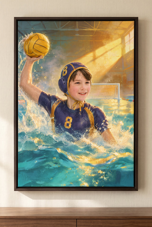 Golden Pool Surge Water Polo Portrait floater-framed canvas on the wall