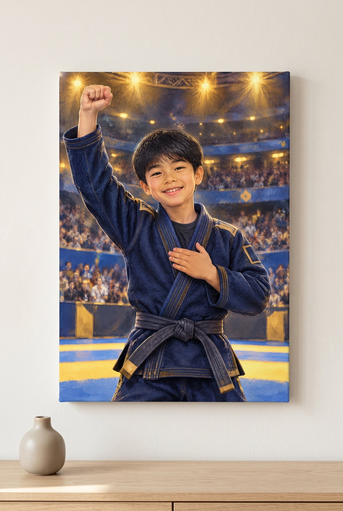 Jiu-Jitsu Championship Gold Portrait stretched gallery-wrap canvas on the wall