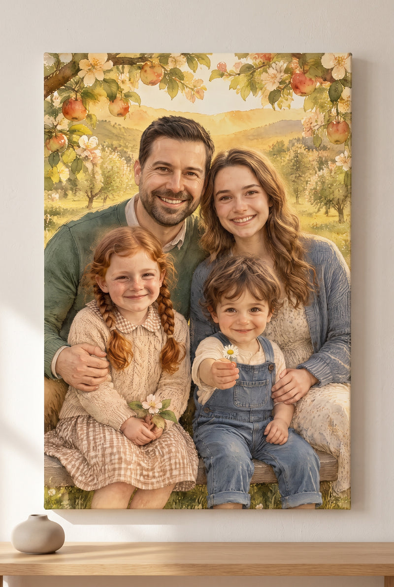Sunlit Orchard Family Gathering Portrait - stretched canvas on the wall