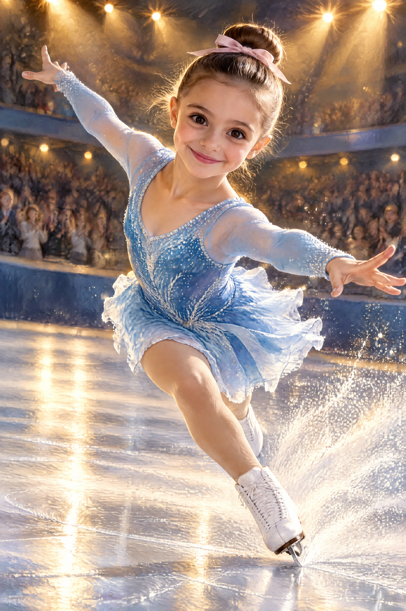 Figure Skating Spotlight Finale Portrait skater in sky blue and crisp white costume flat artwork