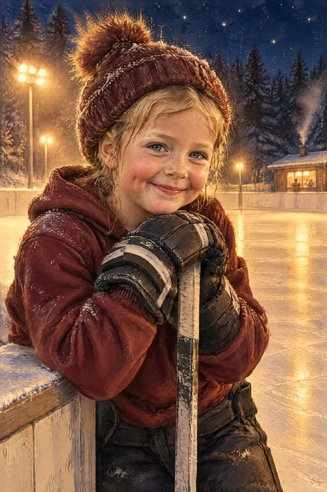 Evening Rink Hockey Portrait girl player under starry community rink floodlights flat artwork