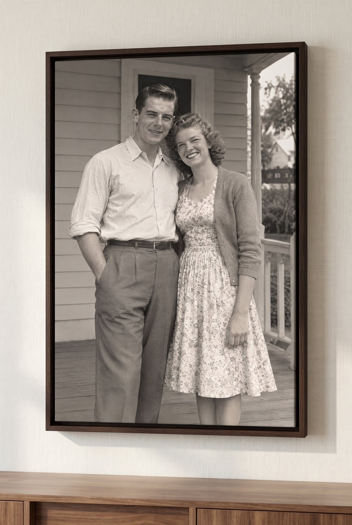 True Archival Photo Restoration floater-framed canvas on the wall