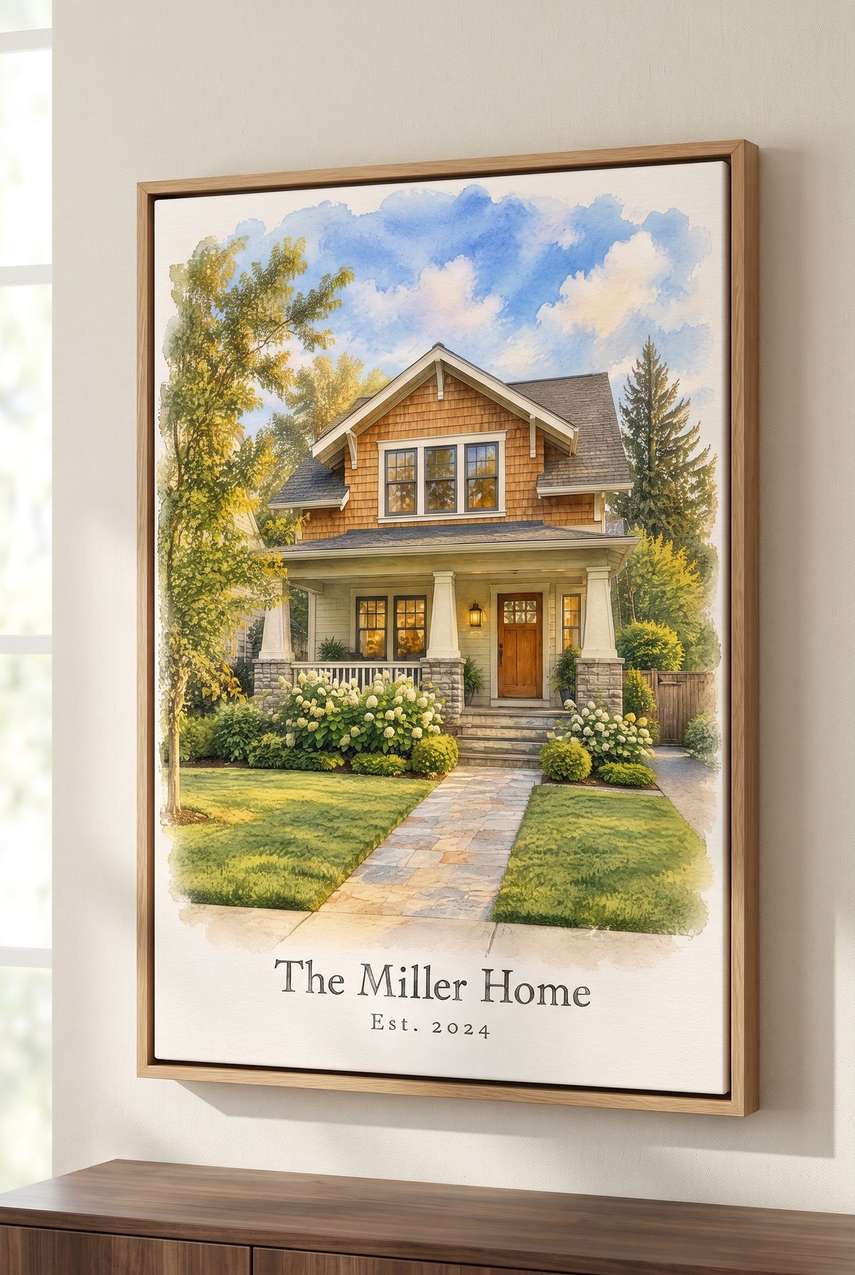 Custom Home Watercolor Keepsake floater-framed canvas on the wall