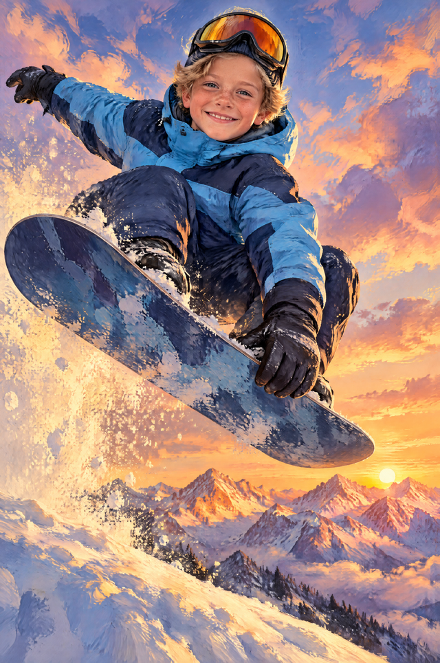 Alpenglow Snowboard Air Portrait flat artwork made from an example photo