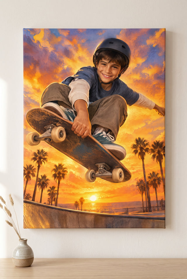 Sunset Bowl Skateboard Flight Portrait stretched gallery-wrap canvas on the wall