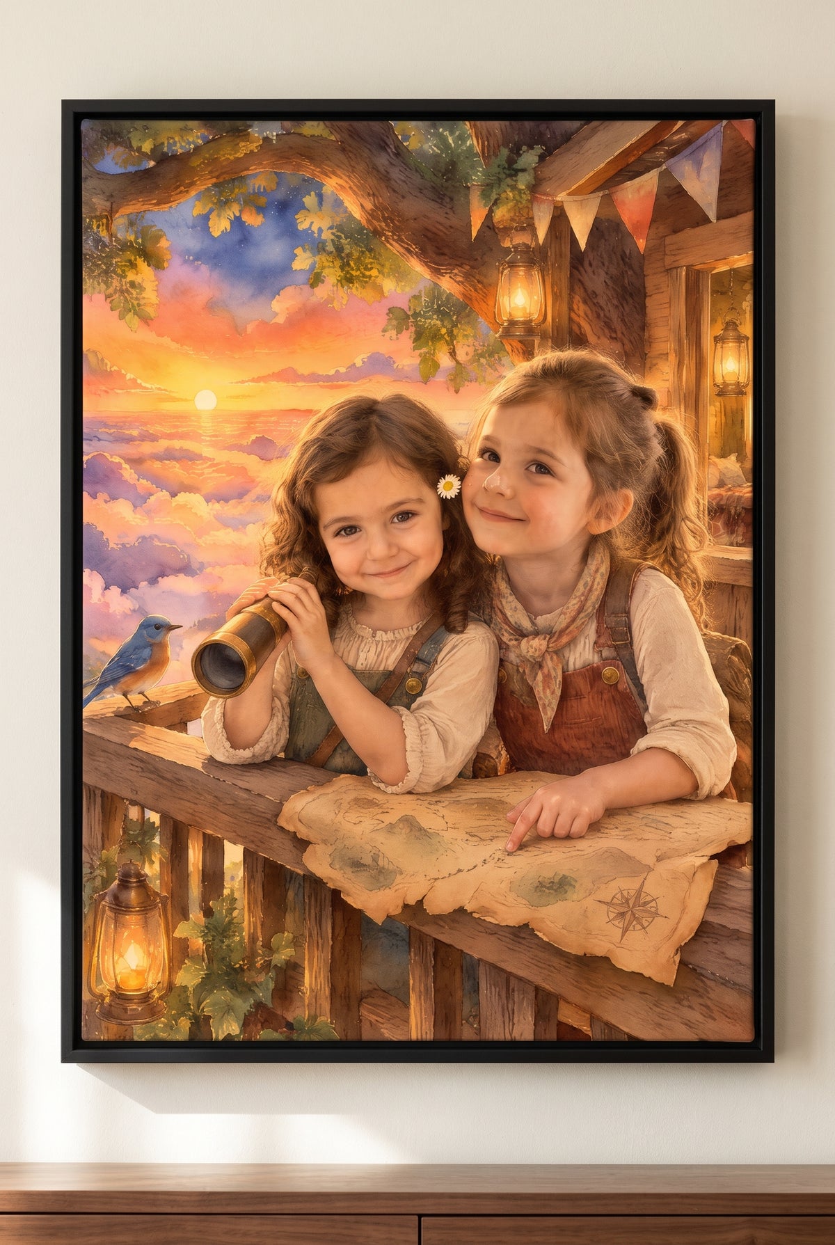 Sky-High Lantern Treehouse Portrait - Vivid floater-framed canvas on the wall