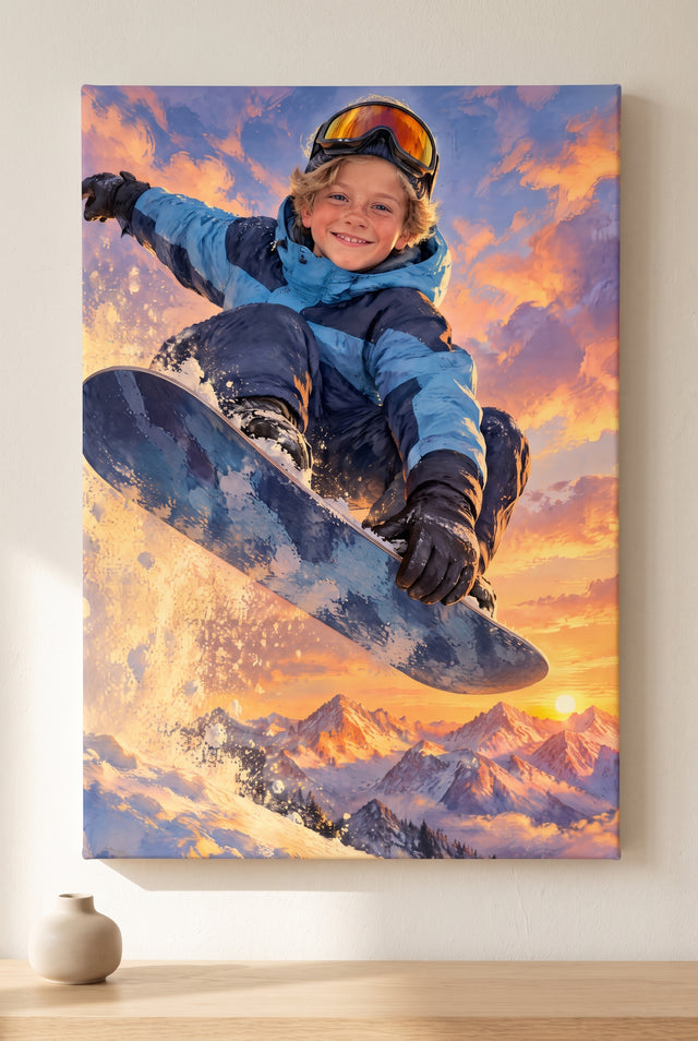 Alpenglow Snowboard Air Portrait stretched gallery-wrap canvas on the wall