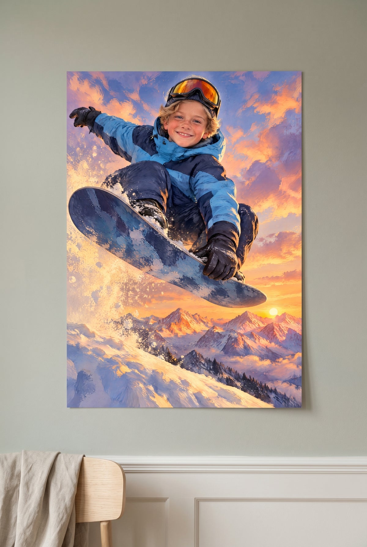 Alpenglow Snowboard Air Portrait unframed fine-art paper print on the wall