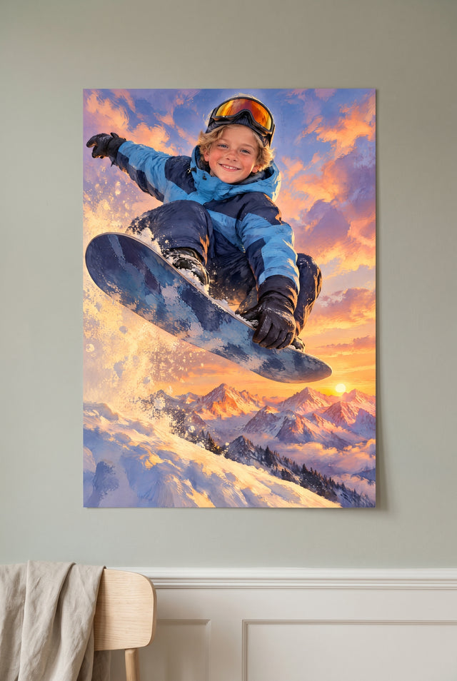 Alpenglow Snowboard Air Portrait unframed fine-art paper print on the wall