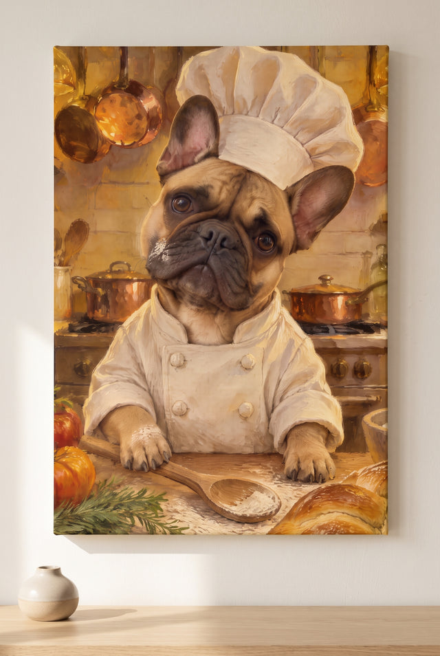 Head Chef Kitchen Pet Portrait stretched gallery-wrap canvas on the wall