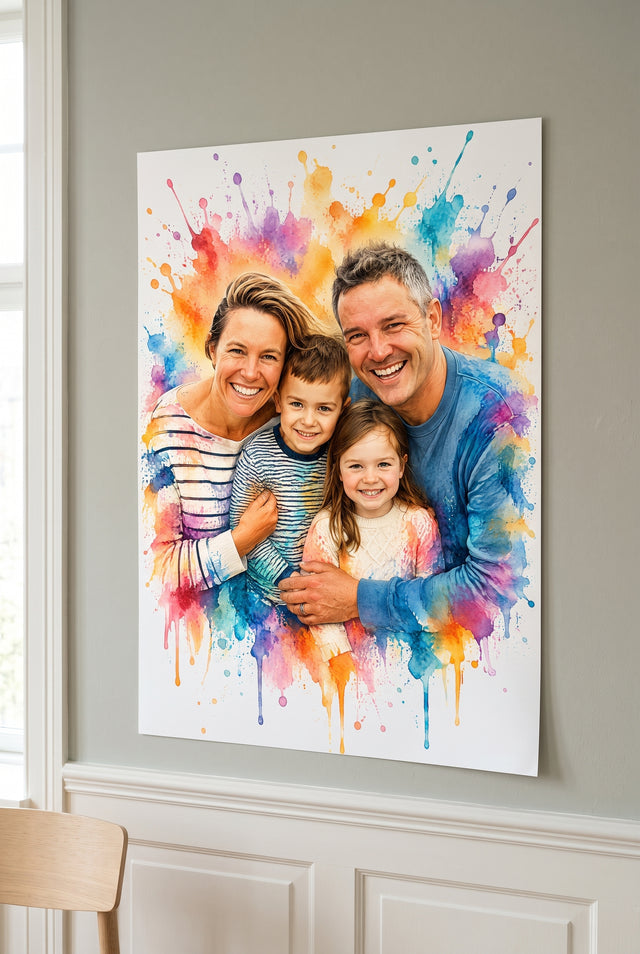 Vibrant Splash Family Watercolor unframed fine-art paper print on the wall
