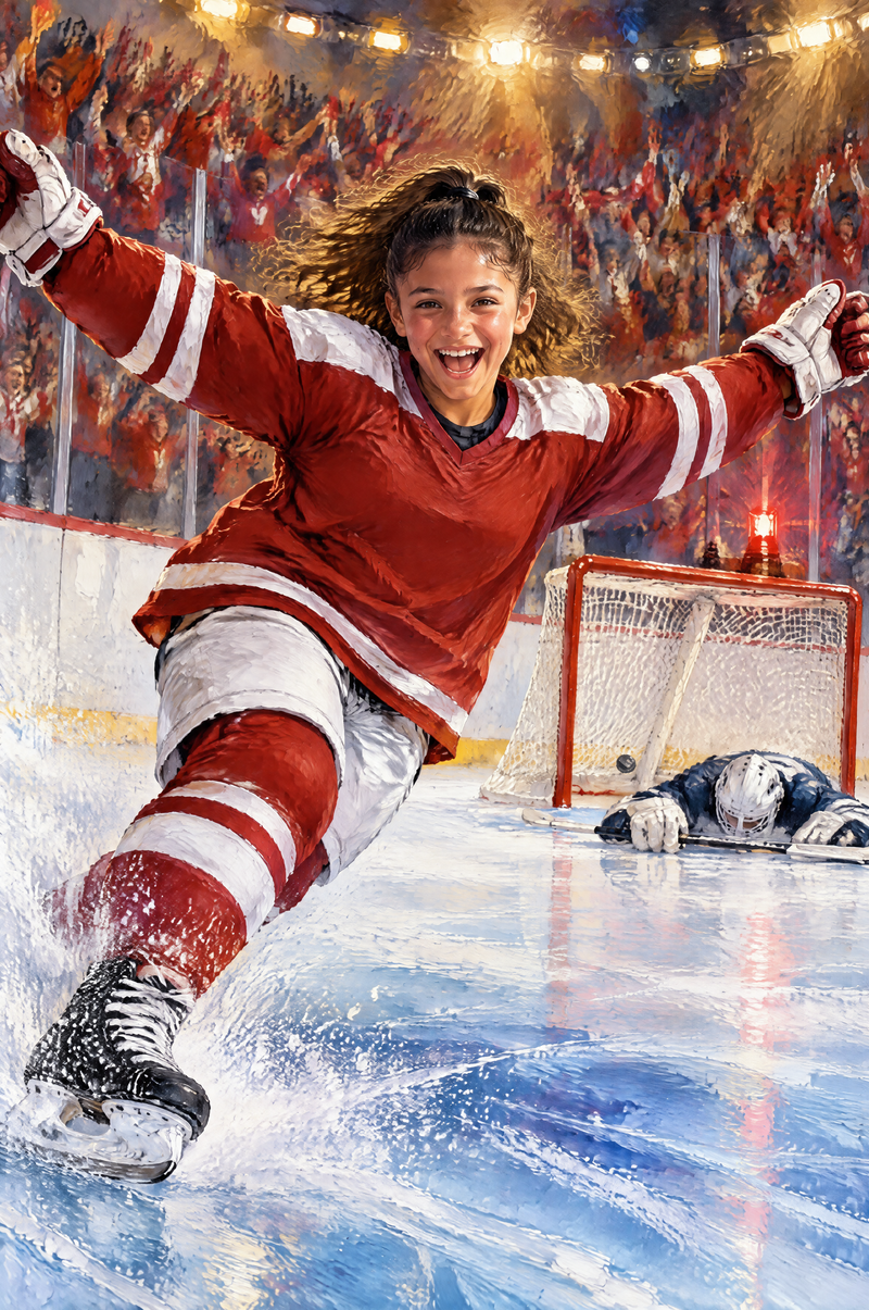 Hockey Glory Portrait girl hockey player in crimson red and crisp white uniform flat artwork