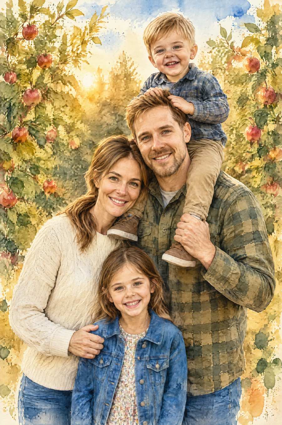 Expressive Family Watercolor Portrait flat artwork made from an example photo