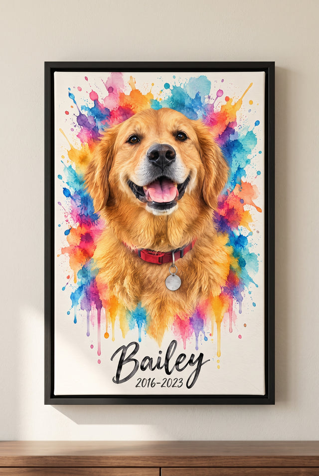 Vibrant Pop-Splash Pet Watercolor Portrait floater-framed canvas on the wall