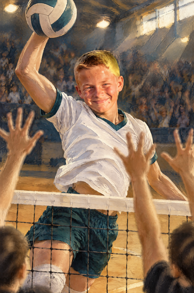 Volleyball Spike Portrait boy player rising above the championship net flat artwork