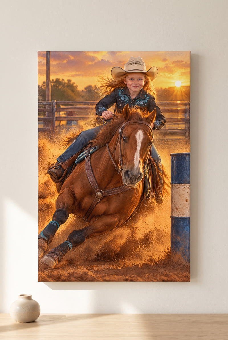 Western Barrel Racing Glory Portrait stretched gallery-wrap canvas on the wall
