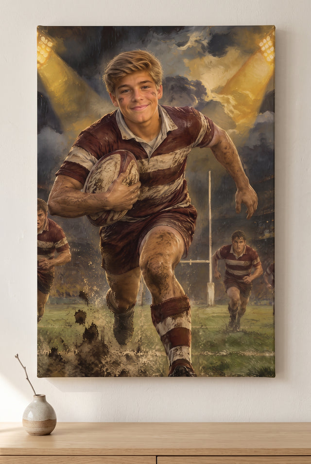 Storm-Pitch Breakaway Rugby Portrait stretched gallery-wrap canvas on the wall