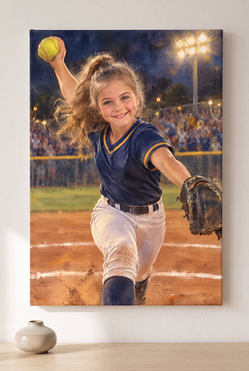 Softball Pitcher Portrait stretched gallery-wrap canvas on the wall