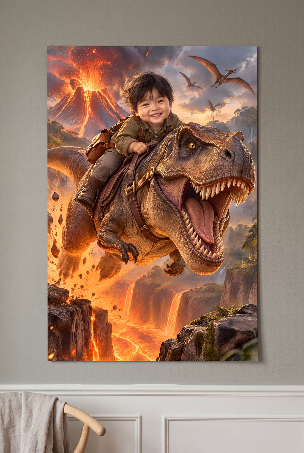 Dinosaur Rider Portrait unframed fine-art paper print on the wall