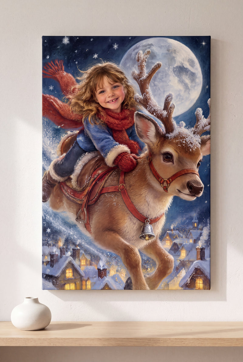 Reindeer Night Flight Portrait stretched gallery-wrap canvas on the wall
