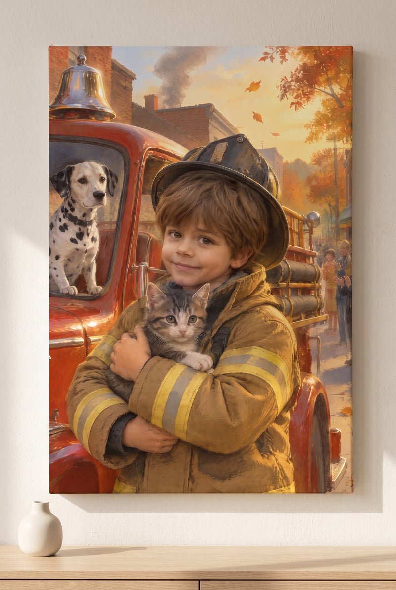 Little Firefighter Hero Portrait stretched gallery-wrap canvas on the wall