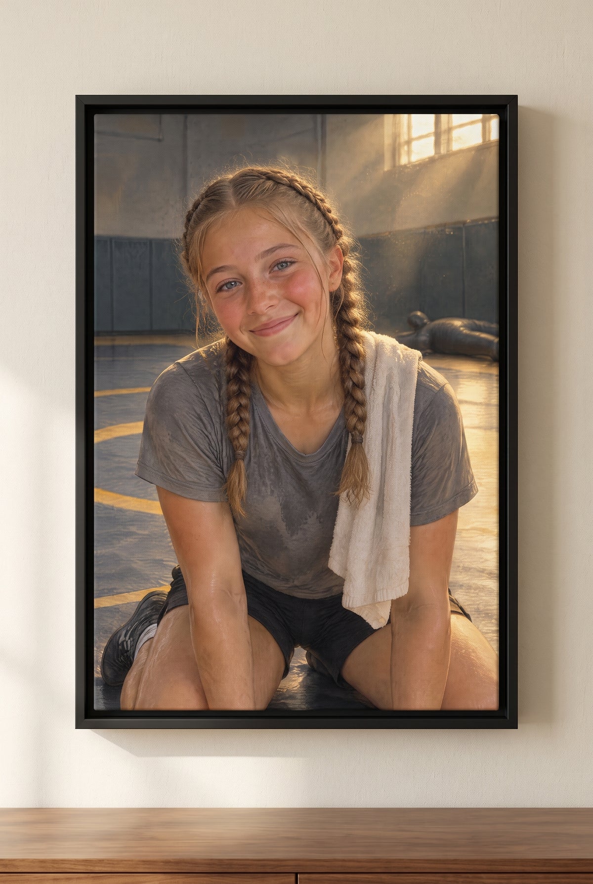 Wrestling Stance Portrait dawn mat grind edition floater-framed canvas on the wall