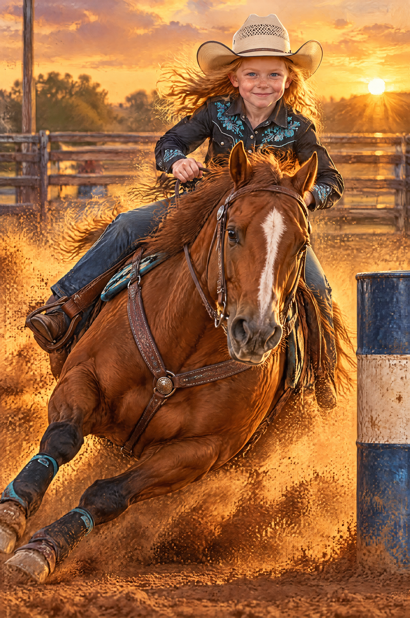 Western Barrel Racing Glory Portrait flat artwork made from an example photo