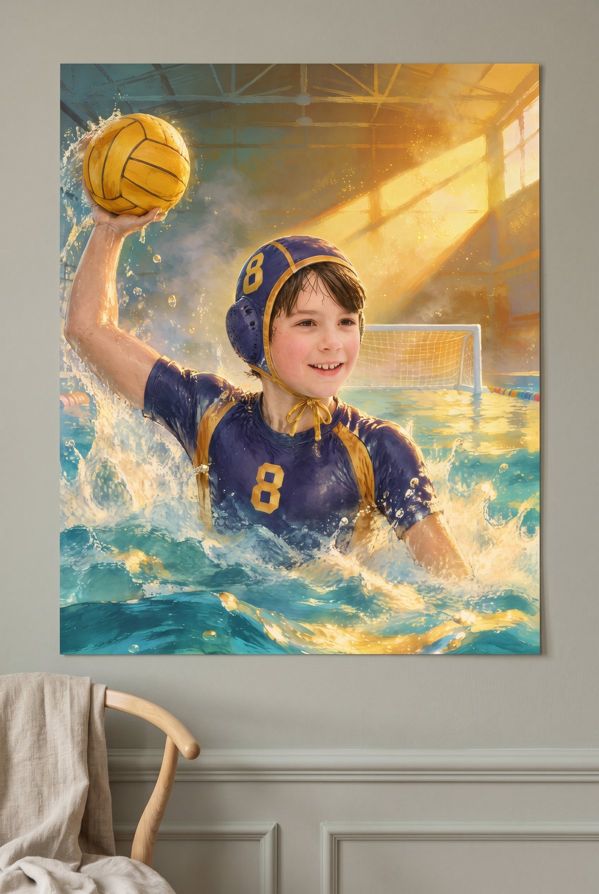 Golden Pool Surge Water Polo Portrait unframed fine-art paper print on the wall