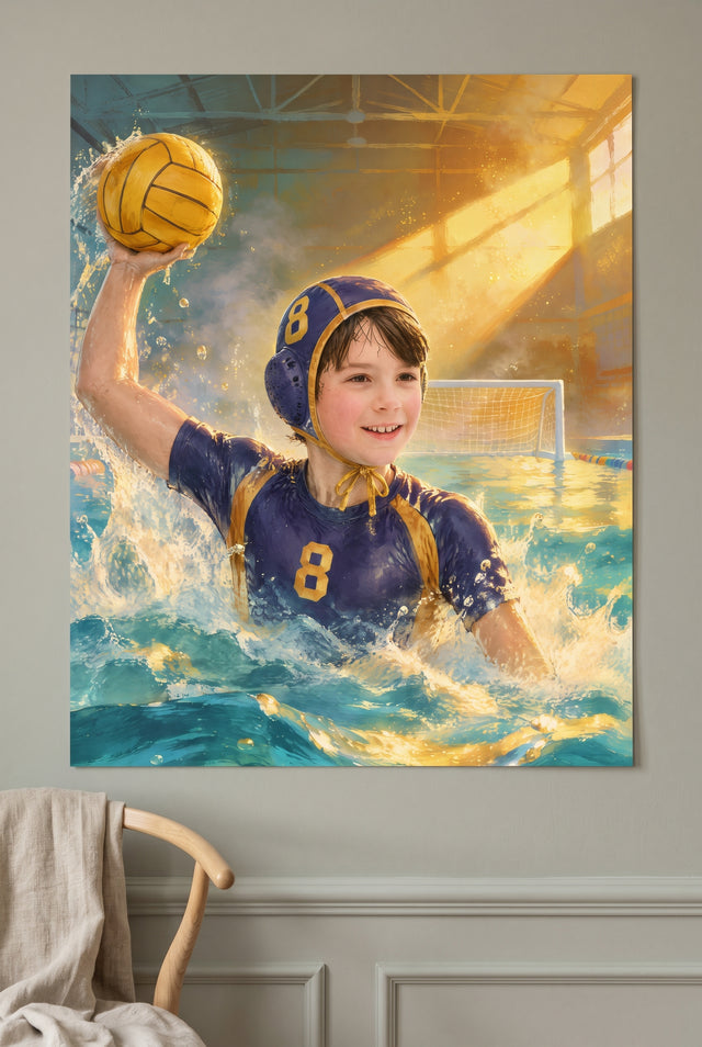 Golden Pool Surge Water Polo Portrait unframed fine-art paper print on the wall
