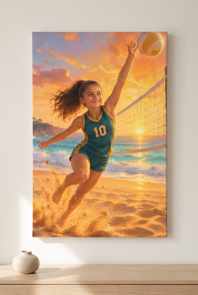 Pacific Sunset Beach Volleyball Portrait stretched gallery-wrap canvas on the wall