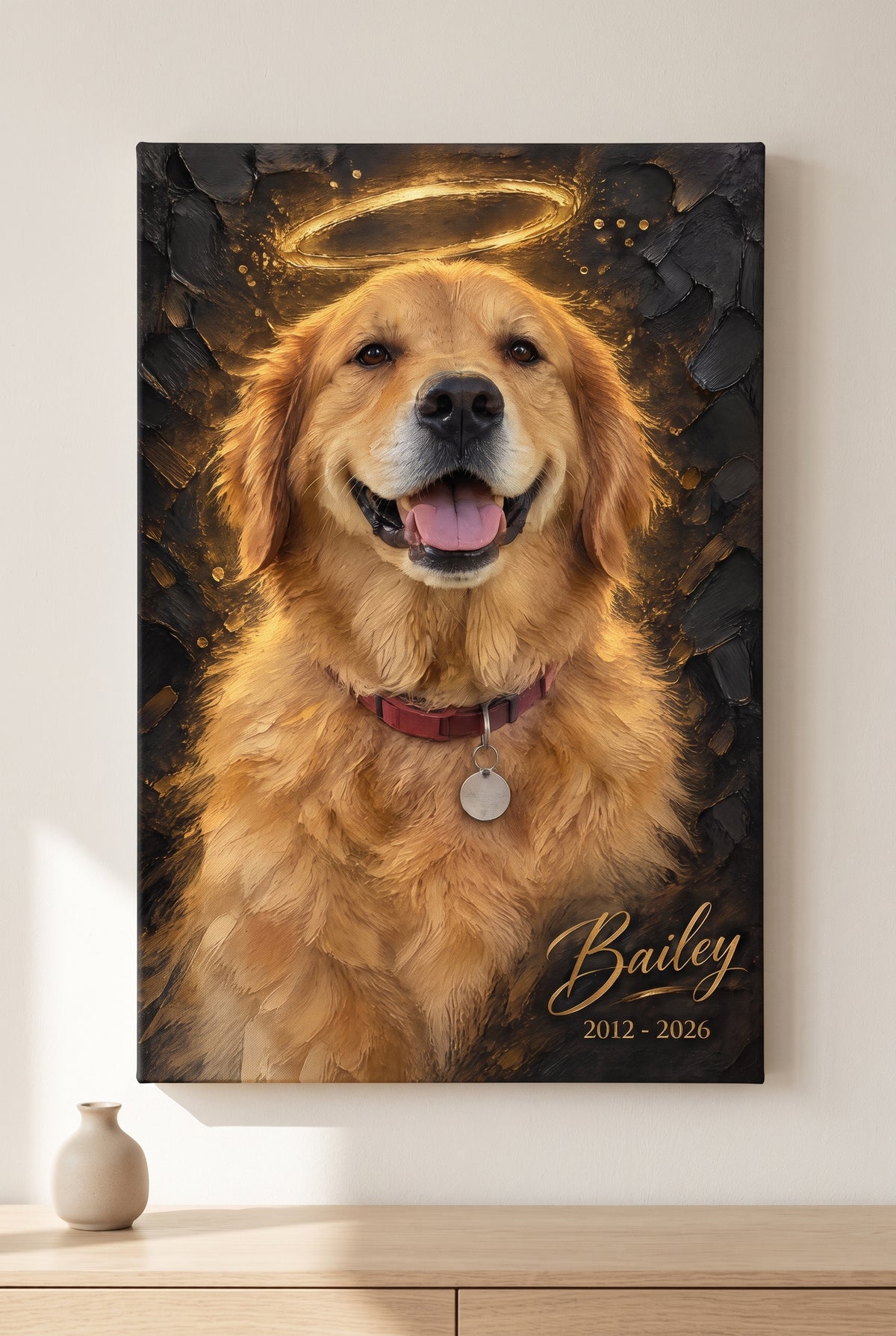 Impasto Oil Pet Memorial Halo Portrait stretched gallery-wrap canvas on the wall