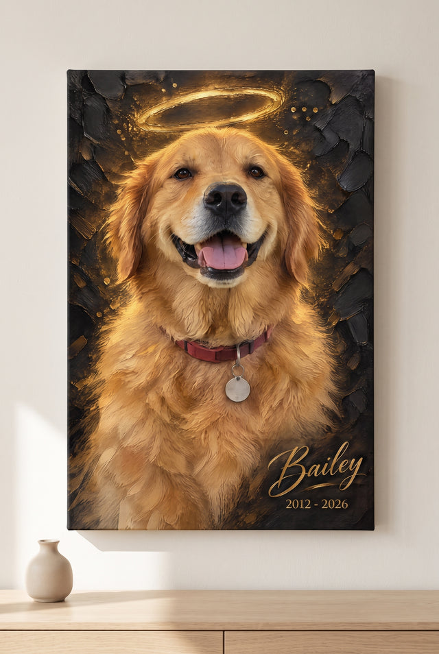 Impasto Oil Pet Memorial Halo Portrait stretched gallery-wrap canvas on the wall