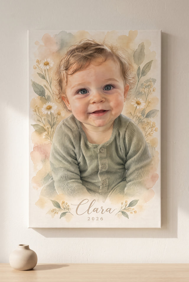 Baby Heirloom Pastel Watercolor Portrait stretched gallery-wrap canvas on the wall