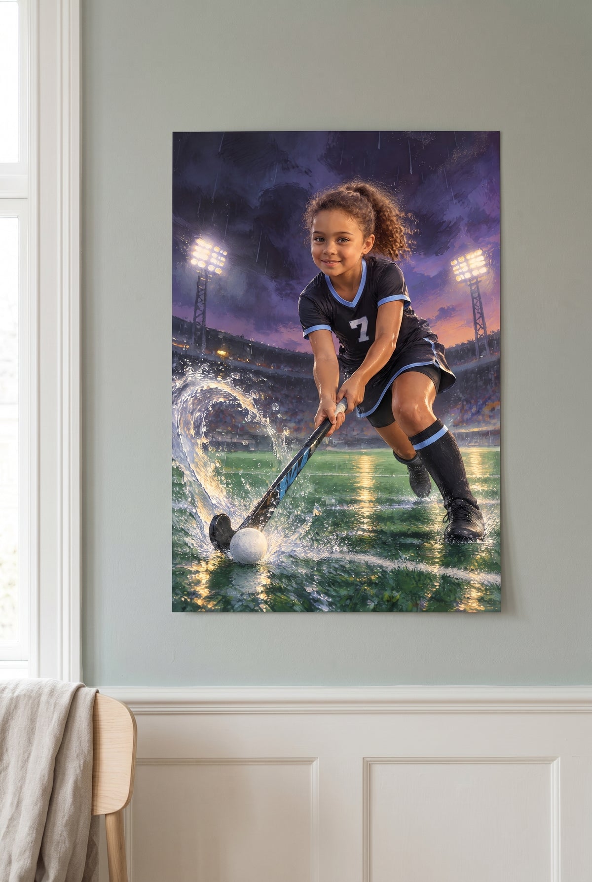 Twilight Turf Field Hockey Portrait unframed fine-art paper print on the wall