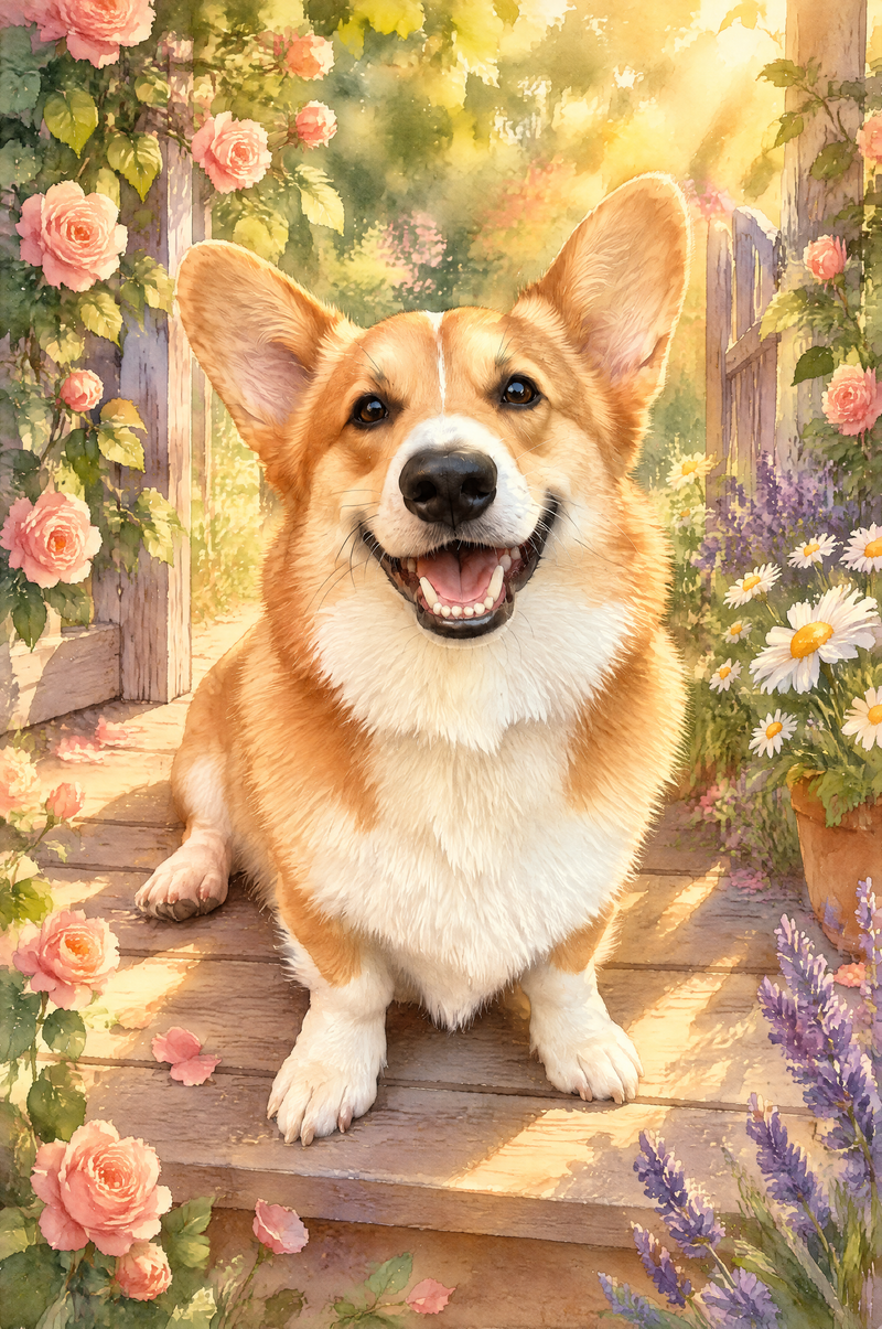 Garden Sunbeam Pet Watercolor Portrait - flat artwork made from an example photo
