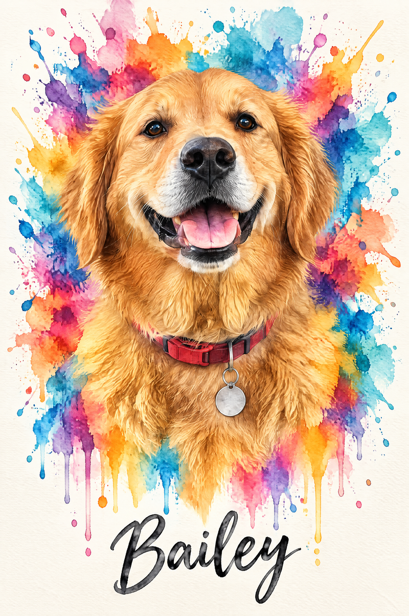 Vibrant Pop-Splash Pet Watercolor Portrait flat artwork made from an example photo