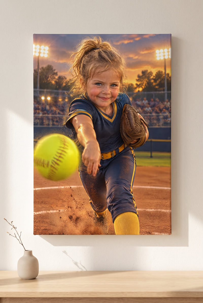 Softball Championship Strike Portrait stretched gallery-wrap canvas on the wall