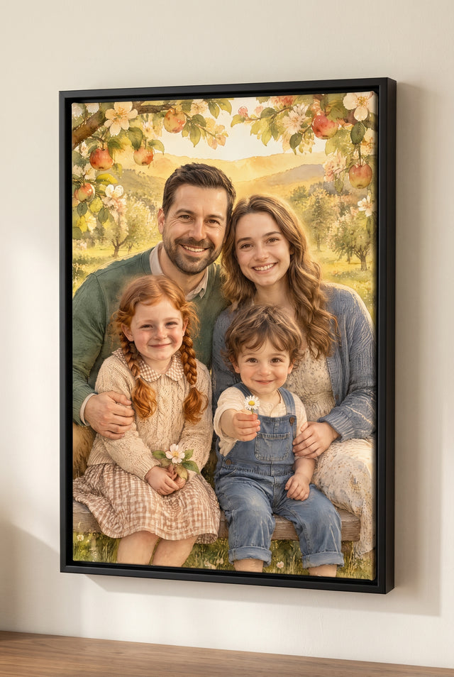 Sunlit Orchard Family Gathering Portrait - floating frame canvas on the wall