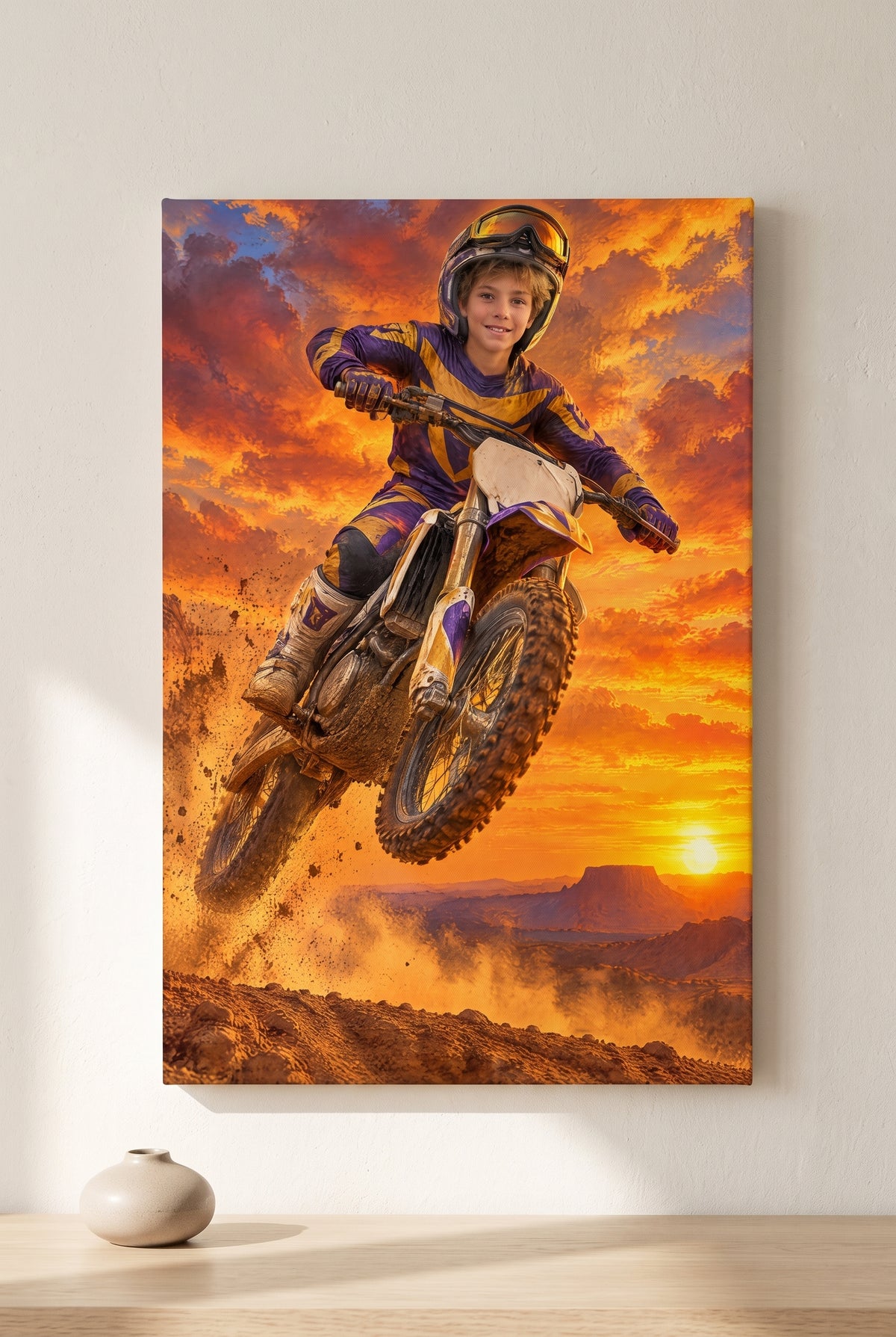 Motocross Sky-High Sunset Portrait stretched gallery-wrap canvas on the wall