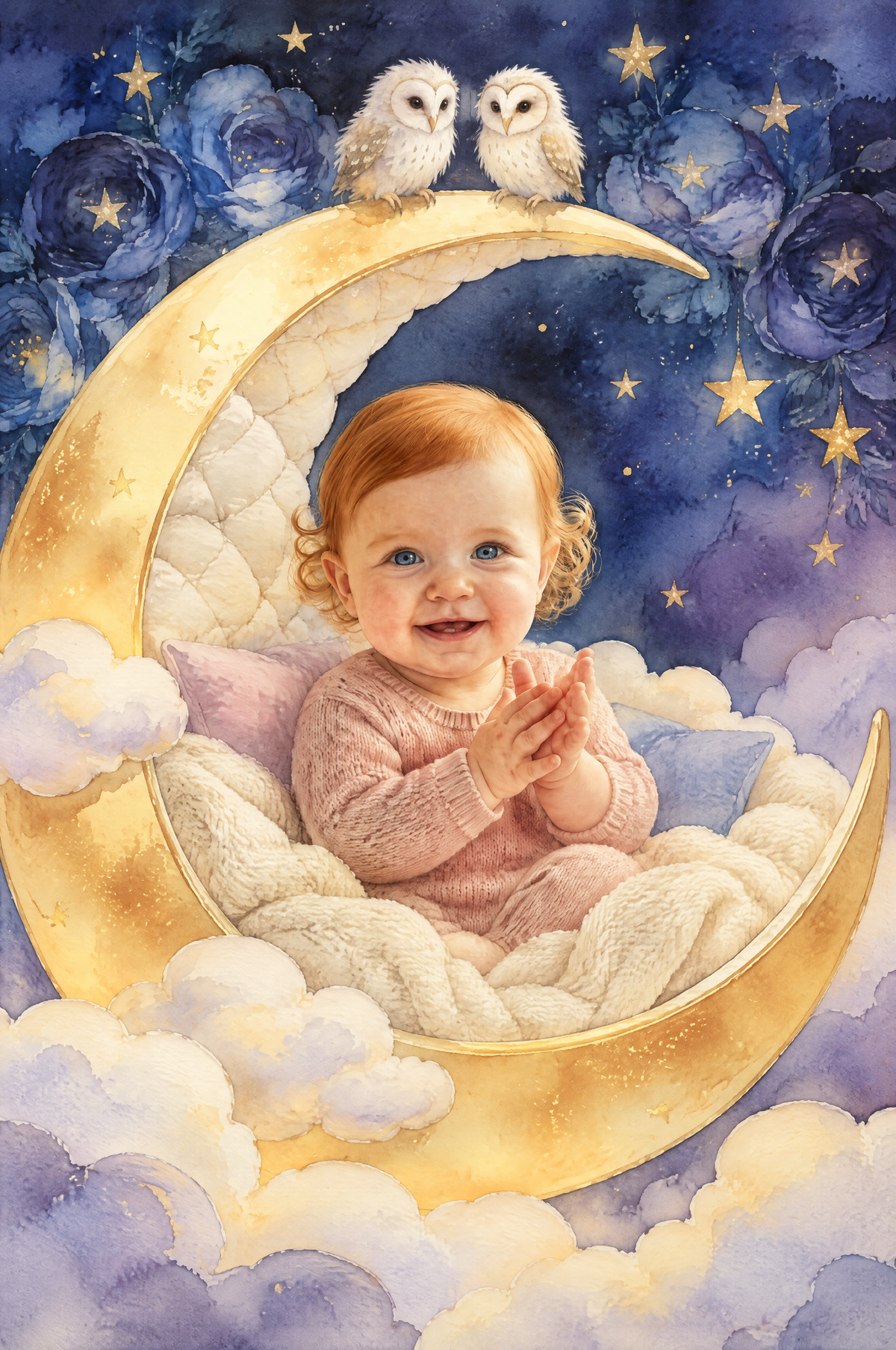 Sleeping Crescent Moon Cradle Portrait - Vivid flat artwork made from an example photo