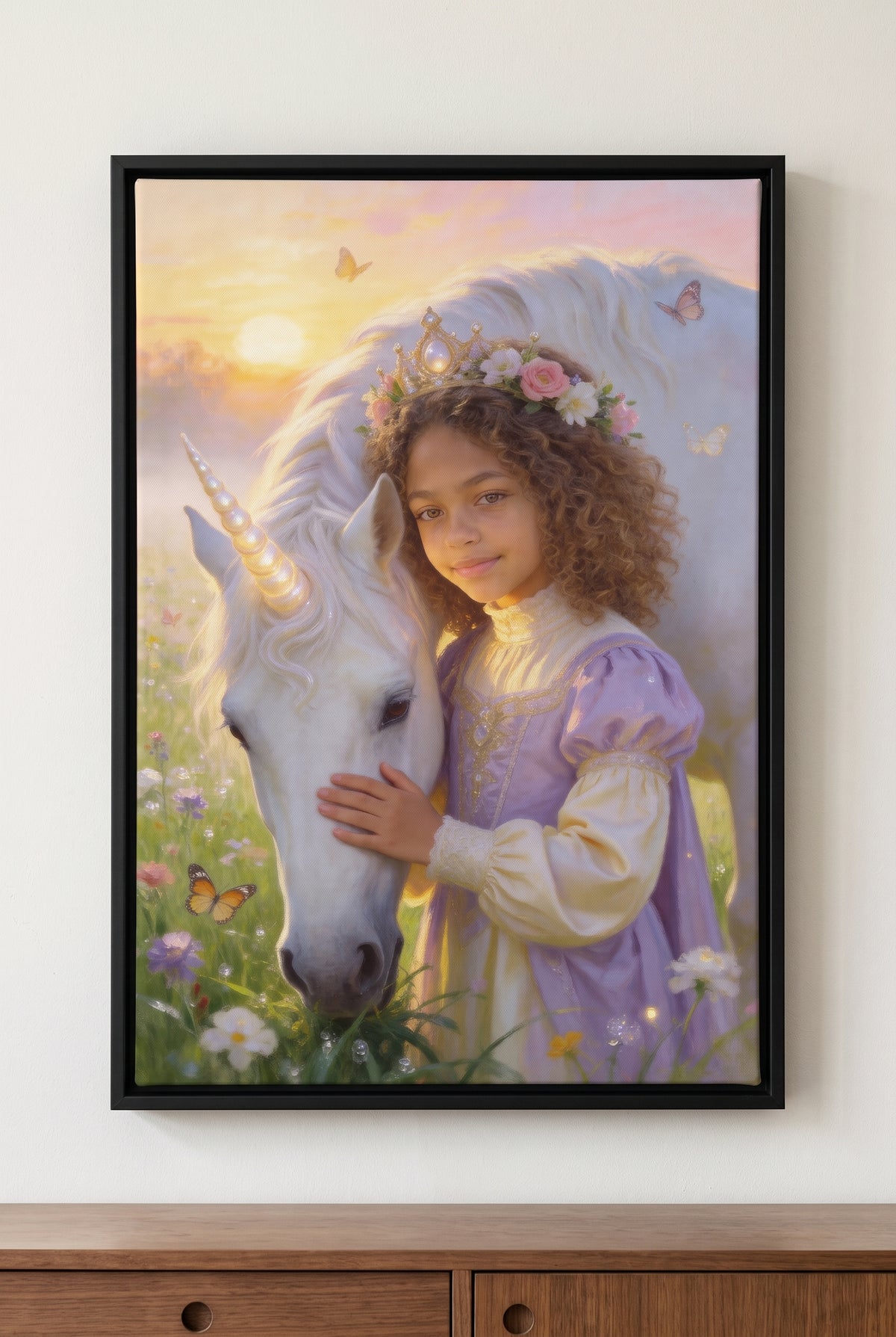 Unicorn Meadow Portrait floater-framed canvas on the wall