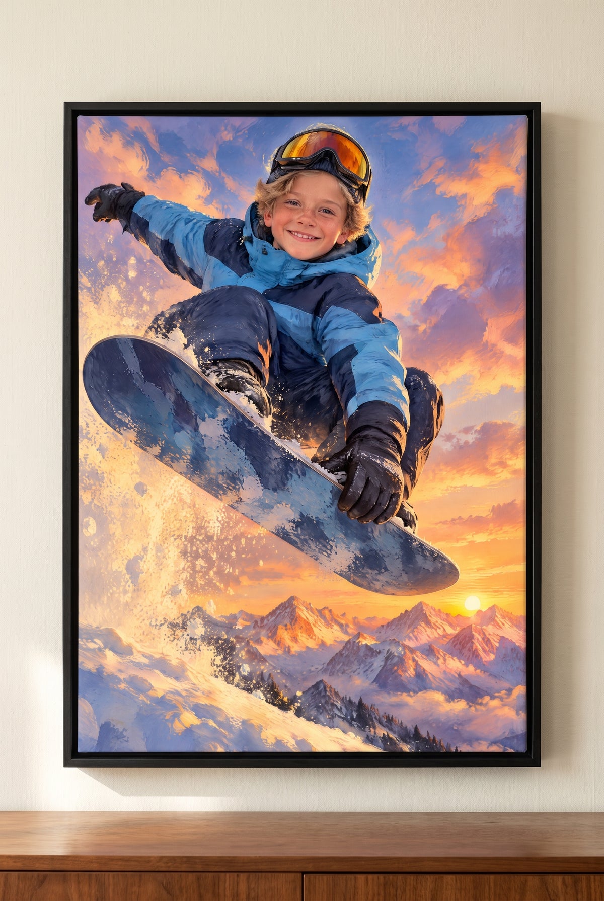 Alpenglow Snowboard Air Portrait floater-framed canvas on the wall