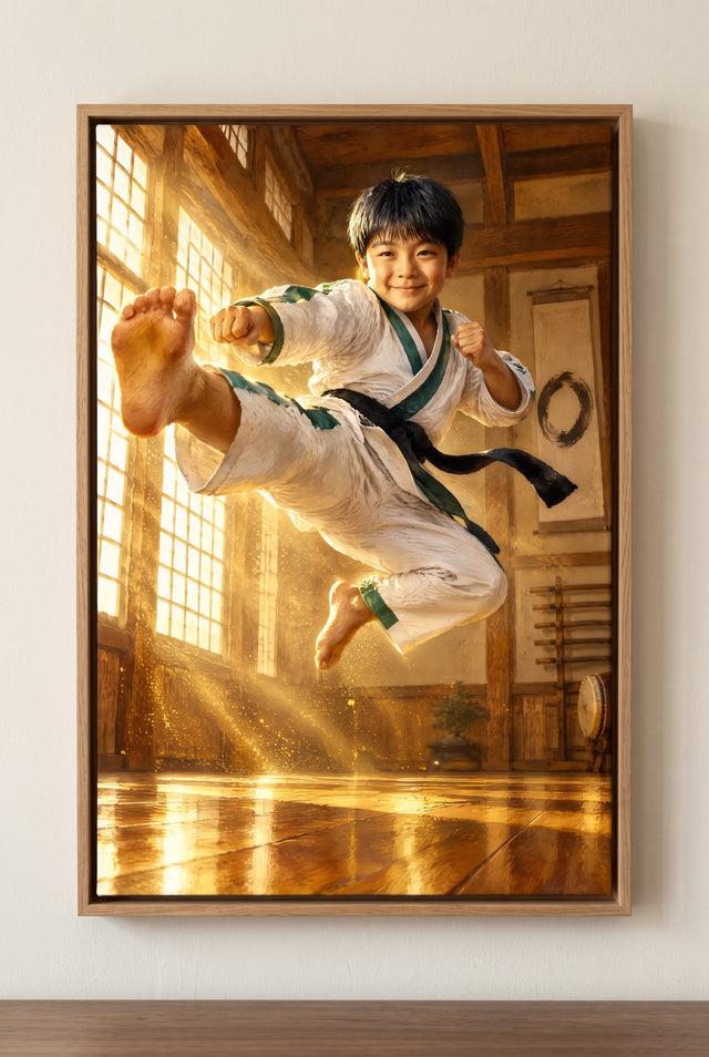 Martial Arts Flying Kick Portrait floater-framed canvas on the wall
