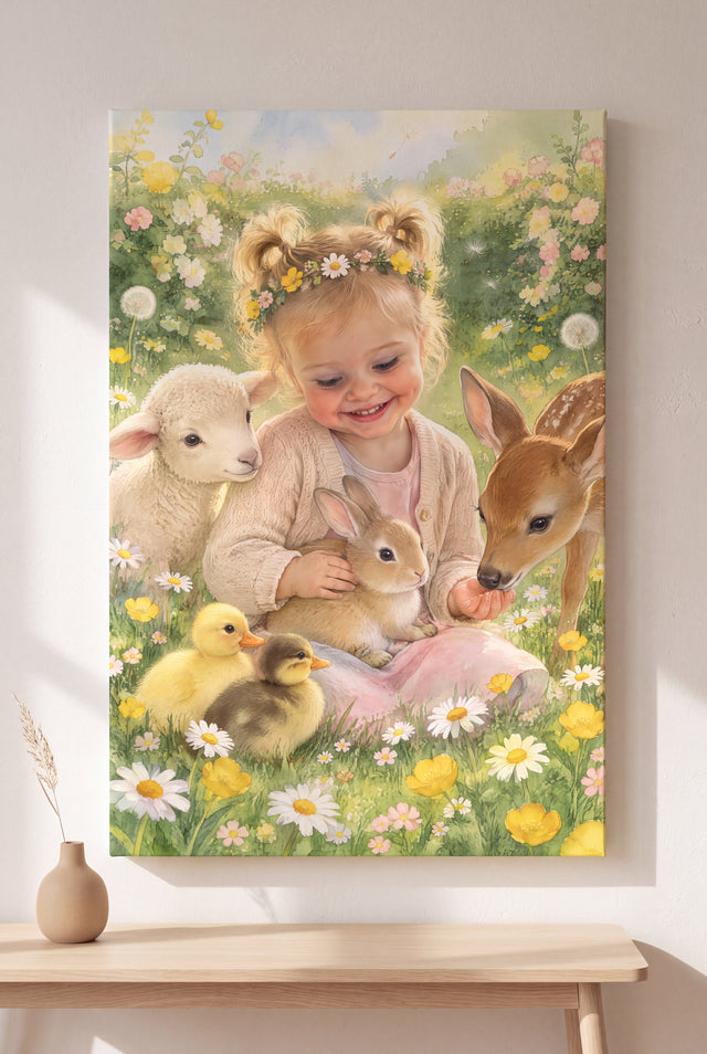 Spring Meadow Friends Portrait stretched gallery-wrap canvas on the wall