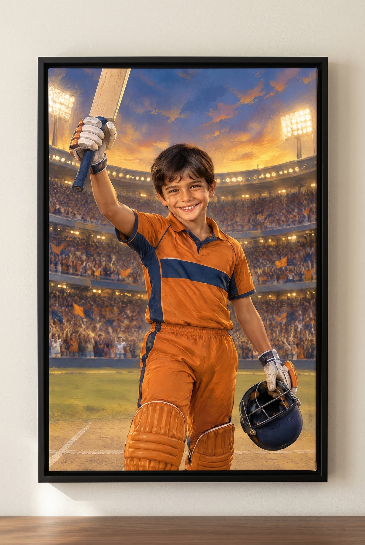 Cricket Floodlit Century Portrait floater-framed canvas on the wall