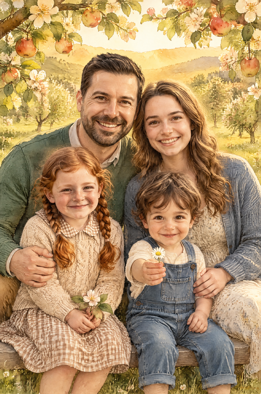 Sunlit Orchard Family Gathering Portrait - Vivid flat artwork made from an example photo