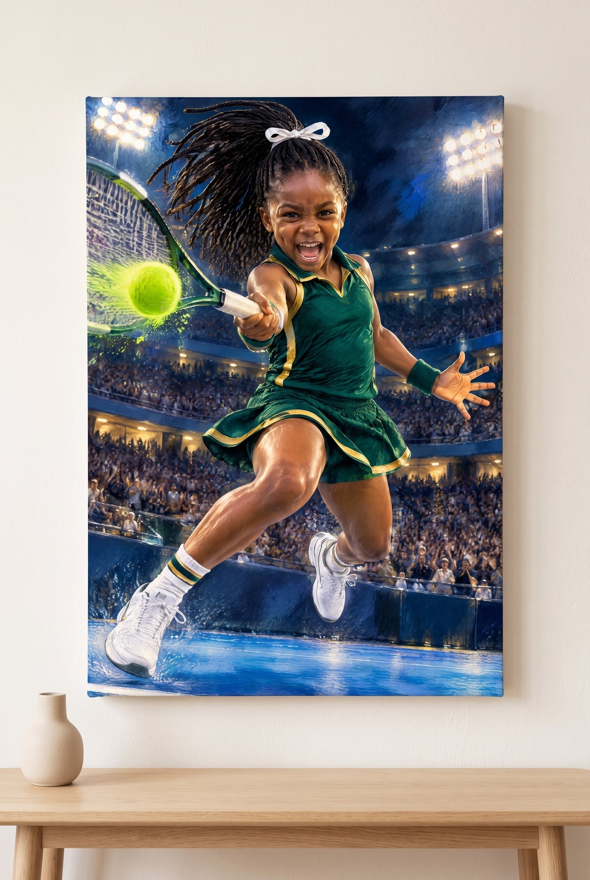 Center Court Match-Point Forehand Portrait stretched gallery-wrap canvas on the wall