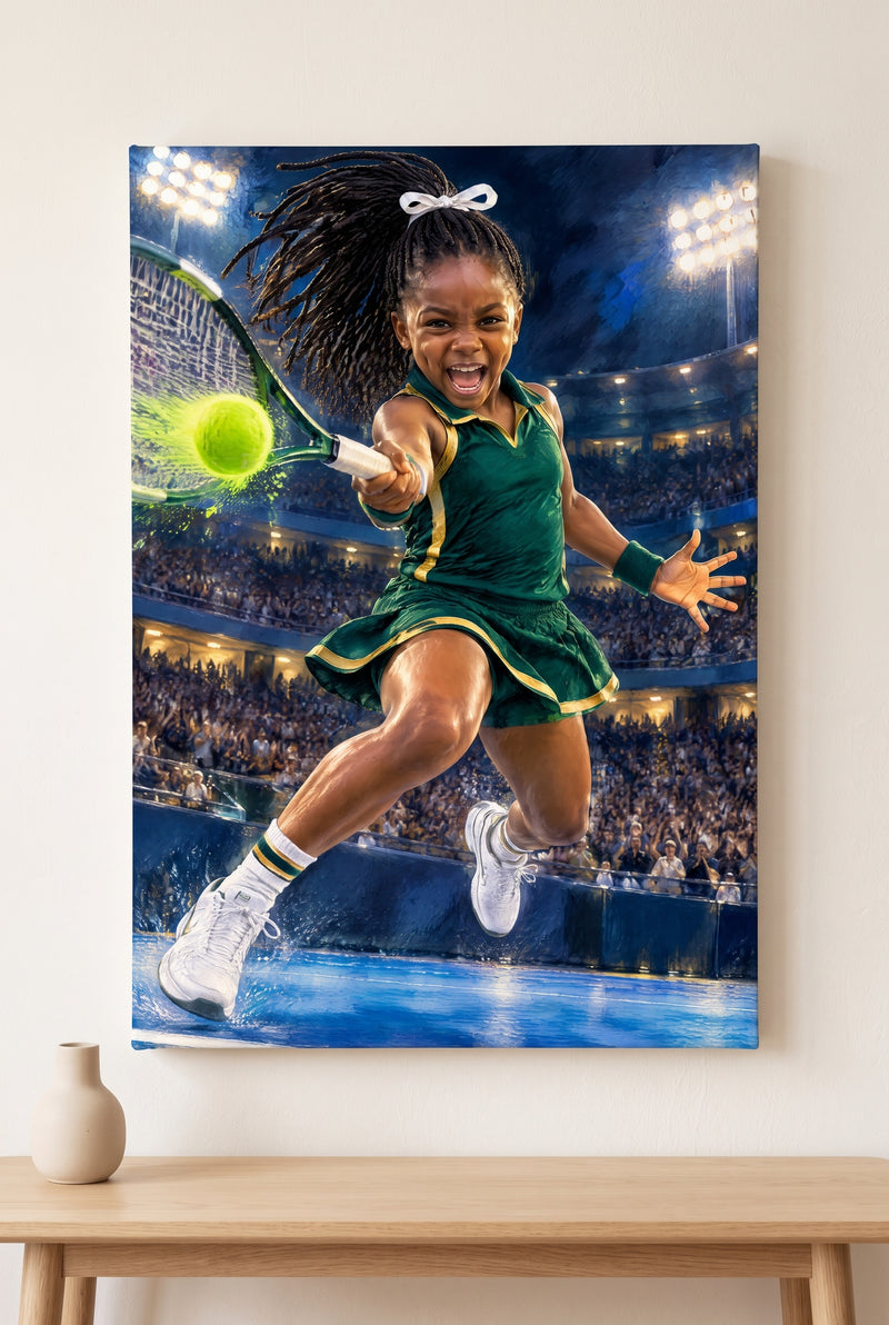 Center Court Match-Point Forehand Portrait stretched gallery-wrap canvas on the wall