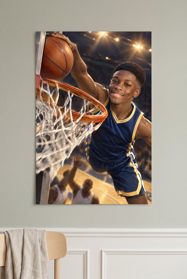 Basketball Dunk Portrait second player hammering high-flying arena dunk unframed fine-art paper print on the wall
