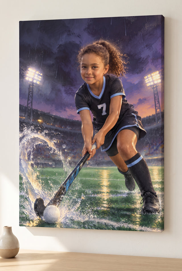 Twilight Turf Field Hockey Portrait stretched gallery-wrap canvas on the wall